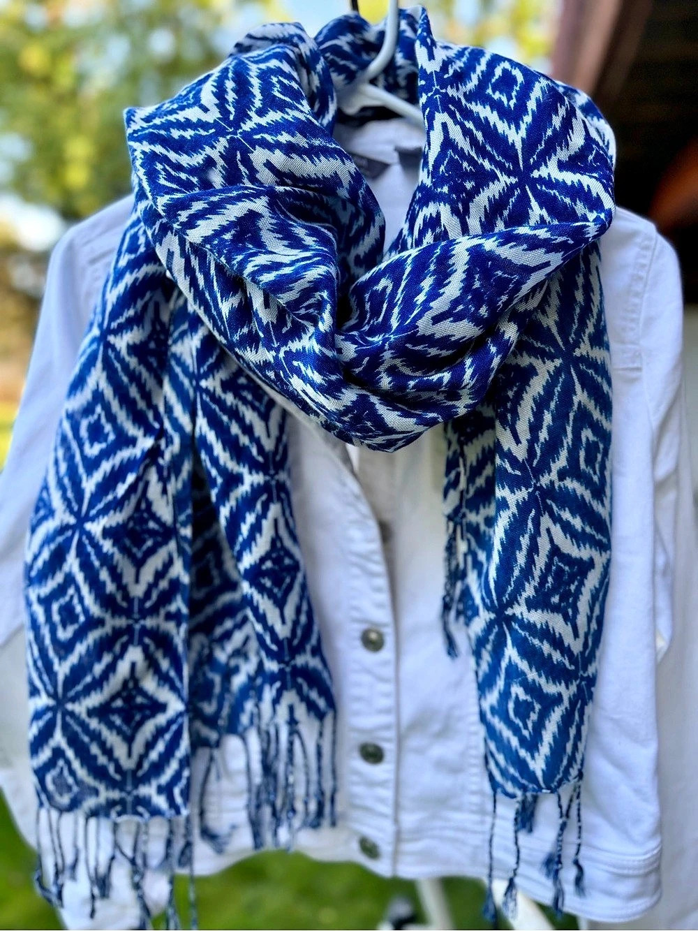 Oversized Scarf with Tassels Soft Fringe in Ikat Island Ikat Island Blue & white
